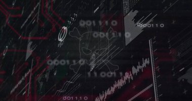Siber gösterge panelinin üzerinde süzülen hayalet kafatası-çapraz kemikleri gösteriyor, ikili ve yükselen grafiklerle. Kötü amaçlı yazılım, tehdit, arıza, devreler, histogram, dünya haritası, karanlık