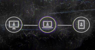 Sanal ağda parlayan merkezi dizüstü bilgisayar simgesinin çizgileri, masaüstü ve tableti birleştirilmesi. Neon, glitch, matrix, digital, data, waveform, connectivity