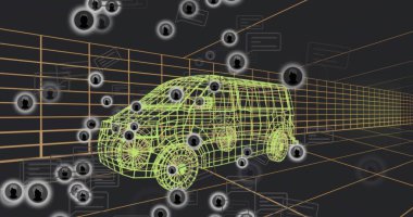 Sanal uzayda turuncu ızgarada yüzen, avatar simgeleriyle birlikte neon 3D kablo minibüs modeli canlandırılıyor. Siberpunk, dijital, fütüristik, araç, ağ, siluet, parıltı