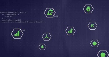 JavaScript kodu ve sayısal etiketleri gösteren karanlık panele odaklı altıgen simgesi kümesi gösteriliyor. Gösterge paneli, analitik, veri, görselleştirme, neon, gradyan, ızgara
