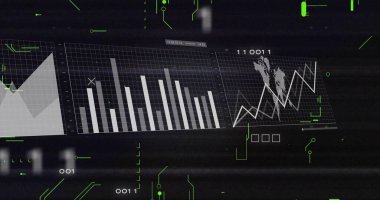 Analitik yüksek çözünürlük gösteriliyor. Siyah ekranda üç komşu çizelge görünüyor. Neon kabartmalı. Triptych, gösterge paneli, neon, glifler, arıza, gri pul, dünya