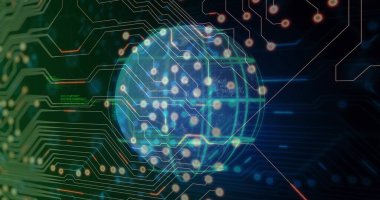 Parlak düğümlerle sanal arayüzde ızgara ve devre izlerini gösteren yarı saydam bir küre titreşiyor. Küre, holografik, neon, fütüristik, dijital, ağ, bağlantı