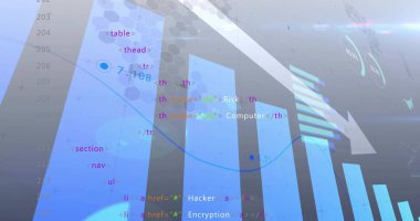 Gösterge panelinde yarı saydam cyan çubuk sütunları, mavi eğilim çizgisi ve aşağı doğru ok gösteriliyor, kod. Görselleştirme, analiz, siber güvenlik, arayüz, gradyan, deniz mavisi, bal peteği