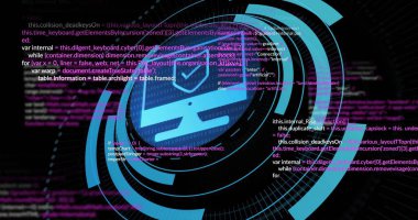 Koyu UI 'nin ortasında parlayan mavi dairesel HUD amblemi, dizüstü bilgisayar simgesi ve işaretli. Siber güvenlik, torpido, neon, dijital, ızgara, kod, görselleştirme