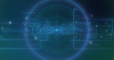 Sanal gösterge panelinde, halkalarla, parlak odak noktasıyla merkezi dairesel HUD titreşimleri gösteriliyor. Arayüz, görselleştirme, gelecek, dijital, ızgara, simetri, panel