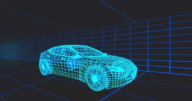 Parlayan cyan wirefram coupe modeli sanal tüneli işgal ediyor, tekerlekleri, ızgaraları, ağ geometrisini gösteriyor. Araba, 3D, render, neon, ızgara, fütüristik, perspektif