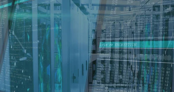 Veritabanı koridorunda LED ve kablo desteleri olan sunucu rafları gösteriliyor, ENCRYPTION gösteriliyor. Dolaplar, siber güvenlik, veri tabanı, kablolar, mavi, deniz mavisi, gelecekçi