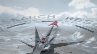 Metalik pusula iğnesi, kamera geri çekilirken dönüyor. Bulutlar dalgalanırken REARCH 'ı ortaya çıkarıyor. Çember, metal, yay, cgi, animasyon, fütüristik, yansıtıcı