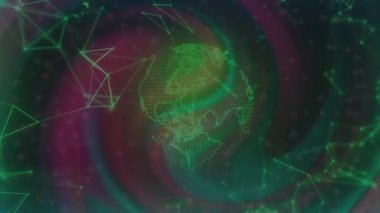Spiral girdap başlıyor, kablo küresi dönüyor ve dönerek düğümler titreşiyor, verileri görselleştiriyor. Küre, ağ, holografik, neon, ağ, üçgen, parallaks