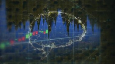 Dalga biçimi titreşimi, telden çerçeveli beyin yukarı doğru kayan mumlarla piyasa sinirsel eğilimlerini gösteriyor. Kafa, akıl, ağ, düğüm, neon, holografik, devre