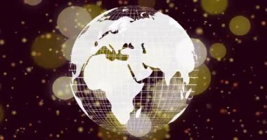 Döngü başladığında beyaz kablo küresi yavaşça dönüyor, altın bokeh 'in ortasındaki toprakları süslemek için ortaya çıkarıyor. Küre, kıtalar, ızgara, animasyon, 3D, sinematik, soyut