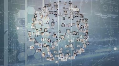 Kafa mermisi karoları teknoloji torpido gözünde kümelenerek daralıyor ve veri ağını ortaya çıkarıyor. Portreler, avatarlar, mozaik, fütüristik, analitik, teknoloji, ızgara