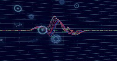 Taban çizgisi yükselen renk dalgası yükselen HUD halkaları algılama için güncelleme yapan rakamlar. Holografik, ızgara, analiz, telemetri, arayüz, görselleştirme, üstüste bindirmeler