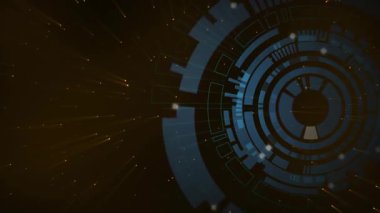 Eşmerkezli mavi HUD titreşim düğümleri altın çizgileri başlatırken yavaşça dönüyor, akışı görselleştiriyor. Halkalar, ekran, dikdörtgenler, izler, neon, fütüristik, soyut