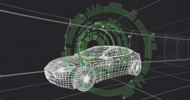 Tek yeşil halka ağ aracın arkasında beliriyor. Yuvalanmış HUD halkaları başlıyor. Dönüyor ve verileri gösteriyor. Tel çerçeve, araç, fütüristik, dijital, otomotiv, tünel, daire