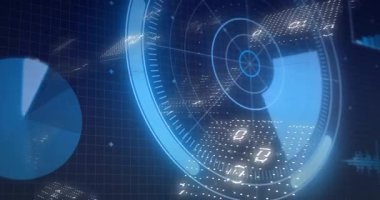 Şebeke görünüyor, radar HUD keskinleşiyor veri fayansları ilerlerken dönüyor, ikili veri gösteriliyor. Holografik, arayüz, gösterge paneli, neon, siber punk, 3d, rakamlar