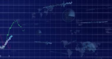 Piyasa eğilimlerini gösteren yeşil-mavi-kırmızı çizgiler ve beyaz çubuklar görünüyor. Gösterge paneli, şamdan, grafik, zaman serisi, animasyon, veri, dünya