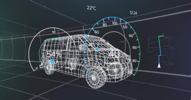 Hız yayı görünmesi, kablo çerçeveli minibüsün etrafında HUD animasyonunu tetikliyor. Yükselen verilerin düşüşünü gösteriyor. Araç, telemetri, üstüste, holografik, gösterge paneli, ızgara