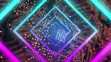 Dönen, atan, titreşen, çip pedleri devreyi göstermek için parlayan güç kaynaştırılmış neon elmas çerçevelerde. Pcb, ic, ışıltı, makro, soyut, elektronik, bakır