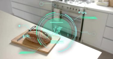 Bir somun ekmeğin üzerinde HUD zayıflıyor, halkalar genişliyor, grafik yükseliyor, tazelik verilerini canlandırıyor. Mutfak, kaplama, artırılmış, cyan, fütüristik, arayüz, bıçak