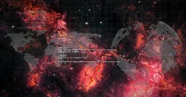 Nabız noktalı haritaya ve küre atımına neden oluyor, dönüyor, damarlar akıyor, verileri gösteren kod akışı. Dünya, ızgara, mermer, lav, ışıltı, parçacıklar, soyut