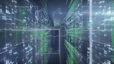 Yeşil kod akışı, bulutların belirmesi, yörüngede dönen ve senkronize olan cihazlar, raflarda veri akışını gösteriyor. Sunucular, merkez, koridor, akış, senkronizasyon, yörünge, kablo çerçevesi