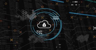 Bulut kilidi gibi görünen soluk ana hatlar ortaya çıkan mavi halkalar titreşen parlayan kod güvenliği ağı. Siber güvenlik, arayüz, torpido, neon, şifreleme, altıgen, düğümler