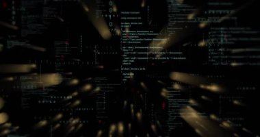 Merkez veri alanı, veri akışını göstermek için ortaya çıkan altın çizgilerle içe doğru sürükleniyor. Siber uzay, paneller, rakamlar, semboller, hareket, bulanıklık, derinlik