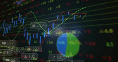 Animasyon pazar grafiği üstüne kamera zoom, mumlar yükseliyor, ortalamalar çakışıyor, sosyal sayıları gösteriyor. Şamdanlar, gösterge paneli, analiz, finans, ticaret, veri, görselleştirme