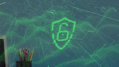 Veri atımı başlıyor, sanal, yeşil kalkan ve kilit oluşuyor, nabız atıyor, güvenlik için masaya yerleşiyor. Holografik, şifreleme, yetkilendirme, üstüste, ızgara, parçacıklar, geleceksel