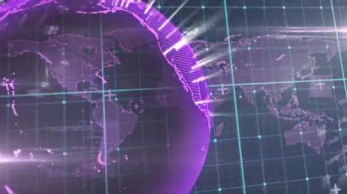 Mor noktalı küre ortaya çıkıyor, süpürme dönüşe neden oluyor, radyal ışınlar ateşleniyor, halkalar ucu işaret ediyor. Dünya, küre, hud, ızgara, geleceksel, neon, veri