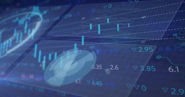 Veri güncellemesinde, gösterge paneli animasyon şamdanları yükseliyor, radar dönüyor, kazançları göstermek için çubuklar sallanıyor. Isometric, neon, cyan, fintech, market, görselleştirme, panel