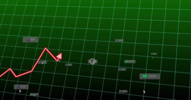 Yeşil ızgarada hareket eden kırmızı çizgili veri beslemesinde işaretçi analitik gösteren etiketleri seçer. Çizelge, gösterge paneli, görselleştirme, 3D, fütürist, kırmızı, zümrüt