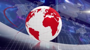 Başlangıçta 3 boyutlu küre saat yönünde dönen kırmızı kurdele haber girişi için HUD grafiklerini süpürüyor. Küre, yörünge, holografik, veri, yayın, stüdyo, ızgara