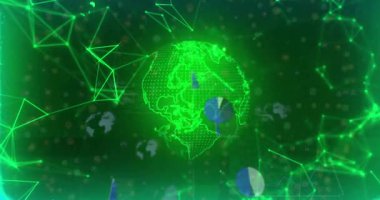 Veri girişi üzerinde yeşil sanal dünya dönüyor, ağ çizgileri titreşiyor, grafikler dünya verilerini göstermek için sürükleniyor. Holografik, zümrüt, küre, örtüşmeler, analiz, görselleştirme, siber uzay