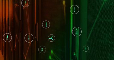 Enerji ekosistem finans simgeleri turuncu yeşil dikişli parlak düğüm boyunca hareket ederek bağlantıları gösteriyor. Neon, cyan, digital, network, türbin, solar, para