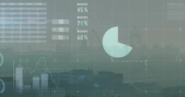 Veri besleme güncellemeleri, turtalar ve pazar eğilimlerini göstermek için genişleyen grafikler olarak görünen gösterge paneli. Görselleştirme, analitik, metrik, arayüz, fütüristik, kentsel, liman