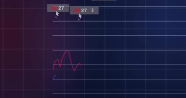 Beyaz imleç kırmızı izi sürüyor, mavi iz yükseliyor, rozetler yüzüyor, çizelge doluyor, eğilimleri gösteriyor. Gösterge paneli, analiz, görselleştirme, ölçüler, arayüz, neon, parlaklık