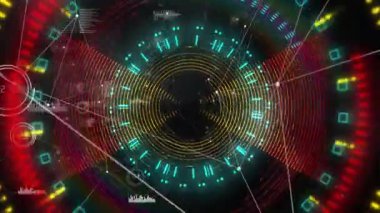 Sinyalde, merkezi H.U.D. döner ve nabız atar, çöker, sonra dalga şeklini değiştirip ölçümleri gösterir. Halkalar, arayüz, animasyon, neon, gösterge paneli, ağ, okumalar