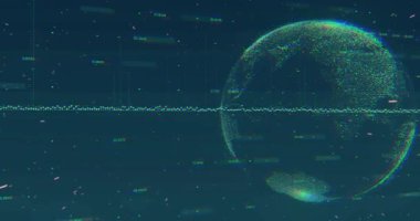 Parçacık küre sağa doğru çıkıyor, kıtaları oluşturuyor, sola dönüyor, veri gösterimi için dalgalanan dalgalar. Dünya benzeri küre, kara kütleleri, analitik, görselleştirme, arayüz, deniz mavisi