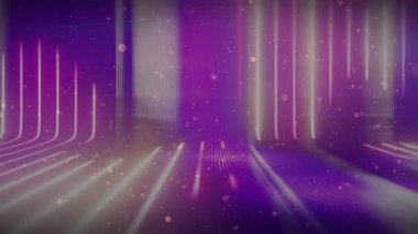 Neon ışıkları beyaz-mor patlamada yayılan kolonlar, titreşen raylar, sanal bir sahne oluşturur. Sütunlar, koridor, ışıltı, parçacıklar, bokeh, ızgara, perspektif