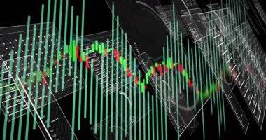 Veri darbesi hareket eden şamdan, yükselen ve düşen deniz mavisi çubukları, kayan paneller, pazar verilerini gösteren. Gösterge paneli, görselleştirme, analiz, finans, fütüristik, 3D, derinlik