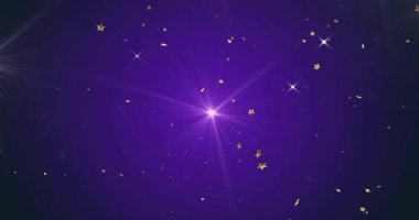 Altın süslemeli Happy Diwali yazıları ortadaki fişekten çekiliyor, yıldızlar ve konfeti kutlamaya sürükleniyor. Kutlama, parıltı, parıltı, yıldız ışığı, eğim, mor, hat sanatı