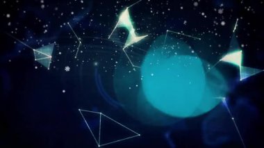 Teal patlaması genişliyor, noktalı küre oluşuyor, kablo etrafında dönüyor, kozmik karlar oluşuyor. Küre, kablo, çokgen, bokeh, parçacıklar, nebula, neon