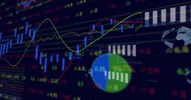 Kamera görüntüsü kayıyor, mumlar ve trend çizgileri güncelleniyor, paneller pazar eğilimlerini gösteriyor. Mum, movingaverage, osilatör, gösterge paneli, stok, veri, analitik