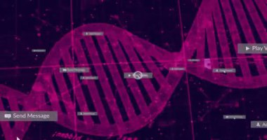 Gri oyunu işaretleyen işaretleyici, UI etiketleri yüzerken morumsu sarmal bükülmesi, bildirimleri açığa çıkarıyor. DNA, görselleştirme, veri, arayüz, neon, ızgara, dijital