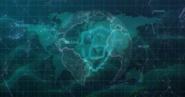 Veri darbesi kalkan darbesi başlatırken dünya dönüyor ve alanlar aydınlanıyor, güvenlik ağını gösteriyor. Siber, savunma, simge, görselleştirme, harita, bilgi, deniz mavisi