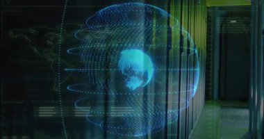 Veri beslemesi başlatılıyor, Hologram küresi sunucu durumunu gösterirken beliriyor ve dönüyor. Holografik, yörüngesel, üstüste, gösterge paneli, veri tabanı, raf, fütürist