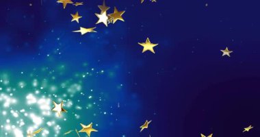 Turkuaz parıltısı titreşiyor, altın yıldızları serbest bırakıyor ve kutlama hareketi için sağa doğru sürükleniyor. Parçacık, konfeti, nebula, boşluk, animasyon, soyut, sim