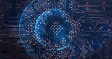 Mavi küre verileri gösterirken merkezi şebeke altın izleri boyunca hareket etmeye başlıyor. Özet, küre, fütüristik, siber, dijital, devre, altıgen